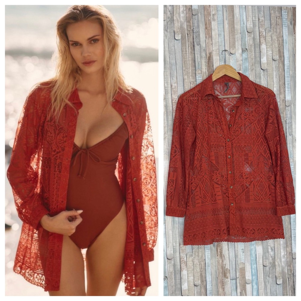 Anthropologie Boho Lace Buttondown Top Shirt Ethereal Sheer Swim Cover Up XS